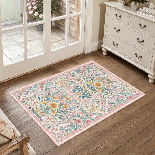 Floral 2x3 Entryway Rug Washable Doormat Indoor Throw Rug, Pink by NakedCloud