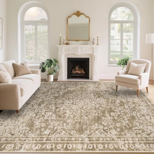 Vintage Living Room Area Rug - 9x12 Large Machine Washable Boho Area Rug Distressed Floral Rugs for Bedroom, Soft Non-Slip Indoor Floor Accent Rugs for Office Dining Room (Floral Brown, 9'x12') by AOYAOMI