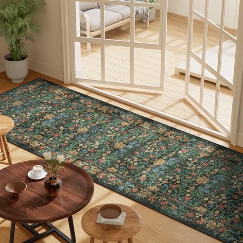 DUKINO 2.6x8 Runner Rug, Washable Vintage Floral Kitchen Rug, Green - Image 5