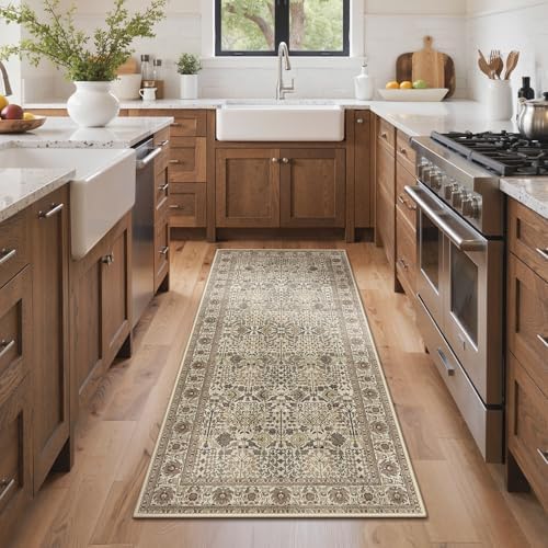Bavni 2x8 Kitchen Runner Rug, Washable Non Slip, Cream Brown by BAVNI