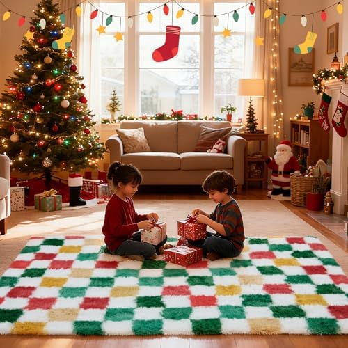 Christmas Area Rug 4x6 for Bedroom Living Room, Checkered Shag Rug Fuzzy Shaggy Bedside Carpet, Indoor Plush Floor Rugs for Holiday Home Decor - Image 2