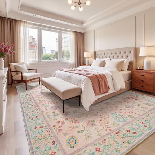 Goideal Pale Pink Rug for Girls Room, 9x12 Floral Washable Area Rug Non Slip, Boho Low Pile Carpet with Rubber Backing for Bedroom Living Room Bathroom Playroom Nursery Office - Image 3