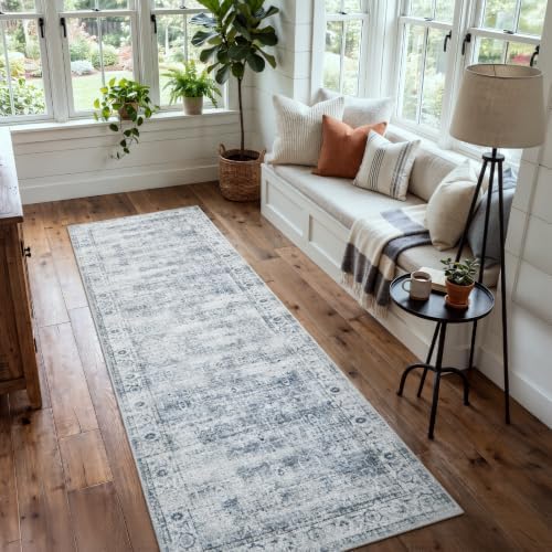 Morebes Vintage Hallway Runner Rug 2.5x8, Modern Kitchen Rugs Non Slip Washable, Soft Low-Profile Distressed Entryway Carpet Runner for Hallways Laundry Room Bathroom Foyer Indoor Floor, Blue-Gray by Morebes