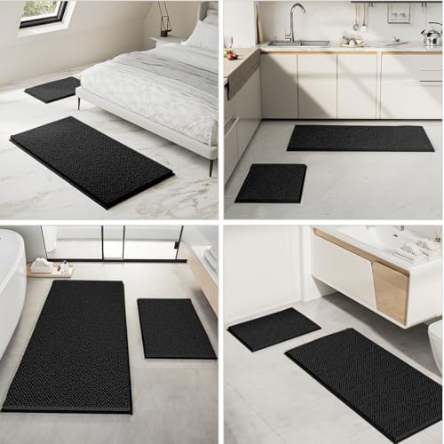 Bathroom Rugs Set 2 Piece Thick Chenille Kitchen Mats,Quick Dry Absorbent Bath Rugs With Non-Slip Pvc Backing,Bath Mats for Bathtub,Bedroom,Living room -Home Decor Large Rugs 47x24+24x16 Inch Black - Image 5