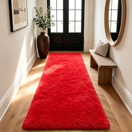 Shag Runner Rug for Bedroom Living Room 3x7 Upgrade Non-Slip Fluffy Soft Bedside Rugs,Red Shaggy Carpet for Livingroom Dorm Home Decor Aesthetic - Image 6