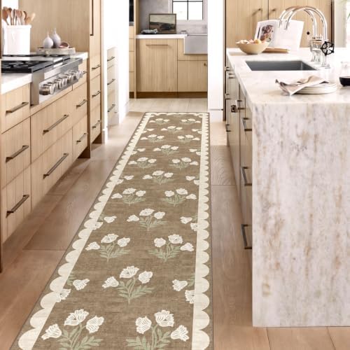 Non Slip Washable Hallway Runner Rug - 2x10 Long Tan Kitchen Runner Rug Soft Boho Runners for Hallways Cottage Floral Scalloped Area Rug for Bedroom Entryway Foyer Bathroom Double Vanity Decor - Image 5