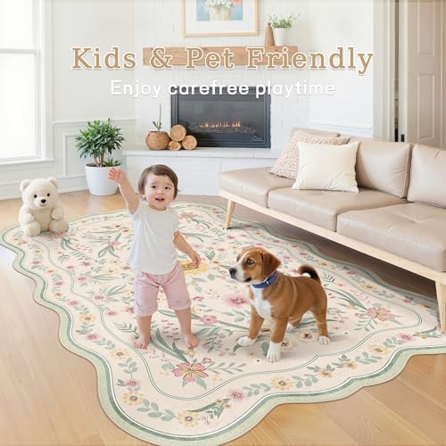 Scalloped Floral Rug 6x9, Sage Green Washable Non Slip Area Rug for Bedroom, Soft Low Pile Cottagecore Rug for Girls Room, Nursery, Dorm, or Reading Nook Green Beige - Image 3