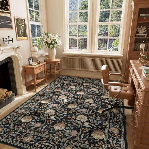 DUKINO 5x7 Area Rugs, Vintage Floral Washable Rug for Living Room, Black - Image 2