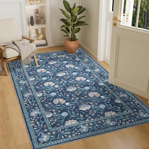 DUKINO 4x6 Area Rug, Washable Vintage Floral Rug for Living Room, Dark Blue by DUKINO