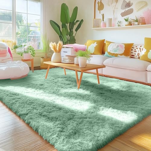 OLANLY Area Rugs for Living Room Bedroom, Machine Washable 4x5.9 ft Soft Fluffy Shaggy Bedside Rug, Indoor Floor Carpet for Kids Girls and Boys, Dorms, Nursery Rooms, Home Decor Aesthetic, Mint Green - Image 3