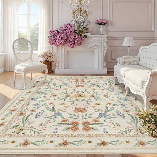 Beige Floral Washable Rug 7x9 – Large Vintage Boho Non-Slip Carpet, Soft Low Pile Thin Stain Resistant Area Rug for Living Room, Bedroom, Dining Room, Nursery, Farmhouse, Home Office by Dadasgk