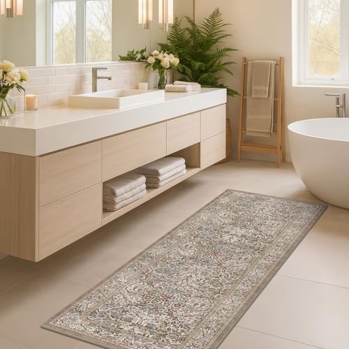 Washable Moss Green 2x5 Neutral Runner Rug for Bathroom, Laundry, Kitchen by HazoHaus