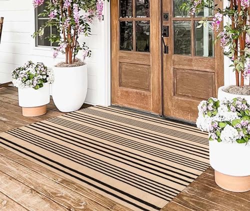 Fall Outdoor Rug 3'x5'Tan Striped Layering Rug Farmhouse Front Porch Rug - Image 4