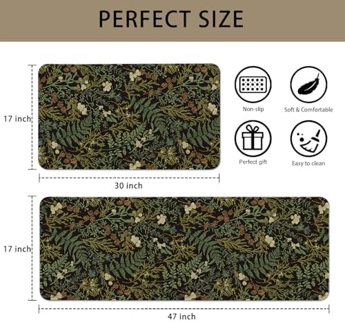 Vintage Black and Green Botanical Kitchen Rugs Sets of 2 Non Slip Washable, Fern and Leaves Kitchen Mats for Floor 2 Piece Home Decor - Image 3