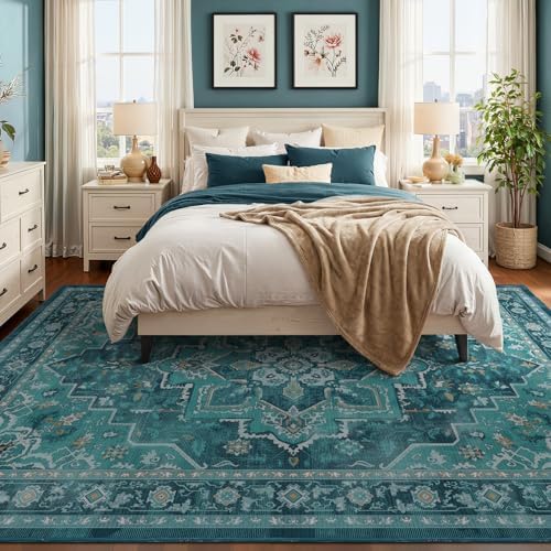Washable Area Rug 8'x10' Living Room, Vintage Medallion, Boho Teal - Image 4