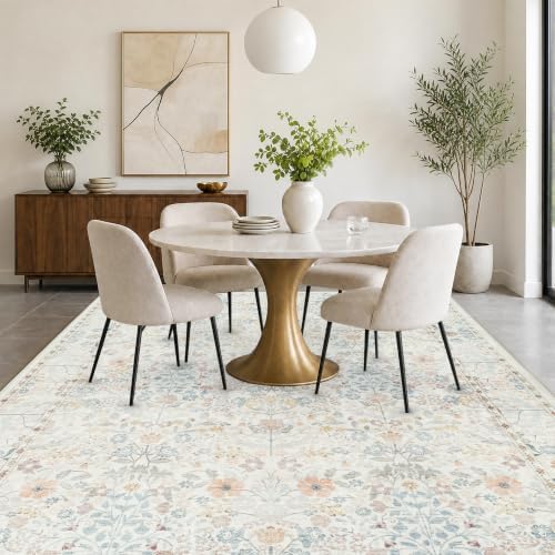 SparkleGaze White Beige Ivory Floral Living Room Rug 5x7 Area Rug - Vintage Washable Rug for Dining Room, Bedroom, Ultra Soft Low Pile Non Slip Stain Resistance Distressed Boho Farmhouse Flower Carpet - Image 6