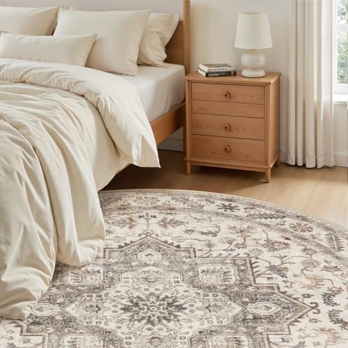 cotiled 5ft Round Living Room Area Rug, Washable, Traditional, Light Brown - Image 6