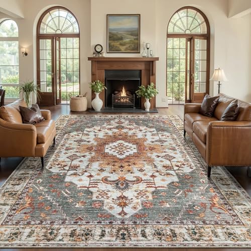 Tangsoo Vintage 6x9 Washable Area Rug for Living Room, Oriental Indoor Non Slip Large Area Rugs, Print Distressed Carpet, Soft Low Pile Rug Foldable Floor Rugs for Bedroom Dining Room Turmeric by Tangsoo