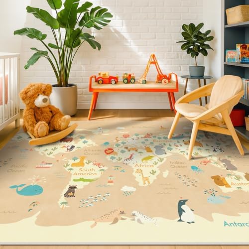 Huge Kids Rugs for Living Room - 9x12 Large Classroom Rug for Children Play & Learning, Washable Ultra Soft World Map Carpet with Ocean, Continents & Cute Animals - Image 3