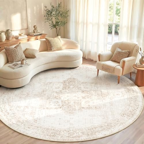 Round Rugs 5ft Washable Rug, Vintage Boho Medallion Rugs Non-Slip Soft Low Pile Circle Distressed Rug Indoor Retro Carpet for Living Room Bedroom Dining Room Home Office (Beige, 5' Round) by VECARF