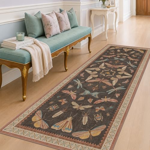 Hazo Haus Boho Runner Rug 3x8, Stain Resistant Indoor Carpet for Hallway, Kitchen Floor & Entryway, Whimsical Butterfly Moth Insect Print by HazoHaus