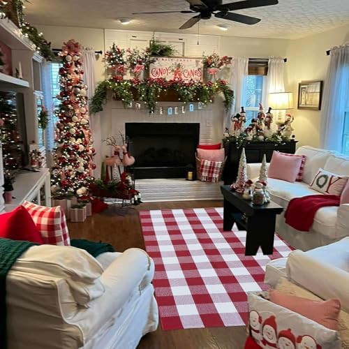 Buffalo Plaid Outdoor Rug, 4' x 6' Red&White Christmas Check Indoor/Outdoor Area Rug, Layering Rug for Hello/Welcome Door Mat, Machine Washable Cotton Woven Rug for Farmhouse Front Porch, Entryway - Image 5