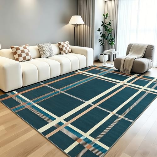Terrug Blue Striped Checkered Rug for Living Room, 5x7 Washable Area Rugs by TerrugHomeDecor