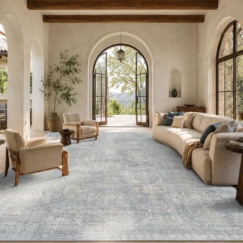Rugxara 9x12 Area Rugs for Living Room Large Washable Rug, Blue/Beige
