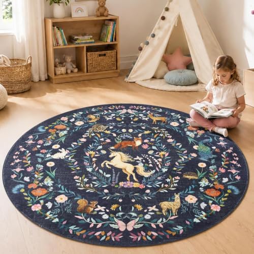 jinchan 6ft Round Rug Washable Kids Rug Whimsical Playroom, Navy Blue by JINCHAN