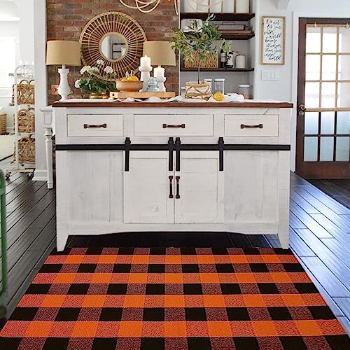 Fall Outdoor Rug Orange Buffalo Plaid Outdoor Rug Cotton Hand-Woven Buffalo Check Rug Layered Doormats for Front Door/Front Porch/Farmhouse/Entryway/Patio (Orange and Black Plaid, 3' x 5') - Image 5