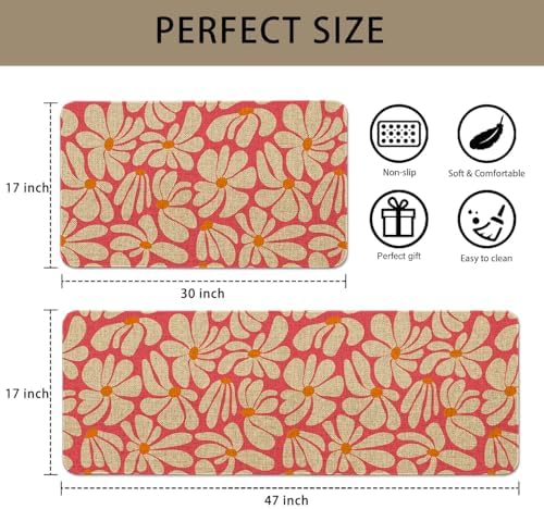 Spring Daisy Floral Kitchen Mats Decor, Pink Retro Groovy Flower Power Kitchen Rugs Sets of 2, Vintage 1970s Floral Rug Home Decorations Indoor, 17" x 30" and 17" x 47" - Image 3