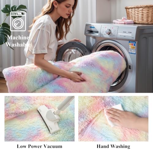 KICHOWUA Rainbow Unicorn Fluffy Fuzzy Rug 2x3, 2 Pcs Washable Non Slip Shag - Image 6