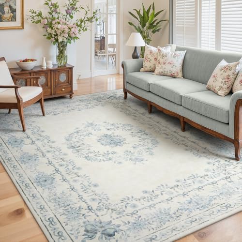 Wonnitar Bow Print Area Rug for Living Room, Ultra-Thin Blue 8x10 Washable Rug, Non Slip Soft Boho Floral Aesthetic Indoor Decor Carpet for Boys Playroom Dining Room Office by Wonnitar
