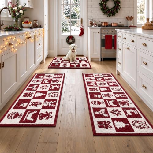 U'Artlines Christmas Red Kitchen Rugs and Mats Set of 3,20x32+20x48+20x59 by UArtlines