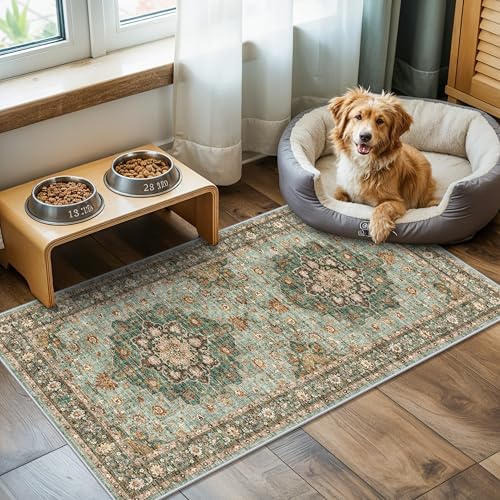Washable 2x4 Entryway Area Rugs: Vintage Floral Water Resistant Kitchen Rug by TOPRUUG