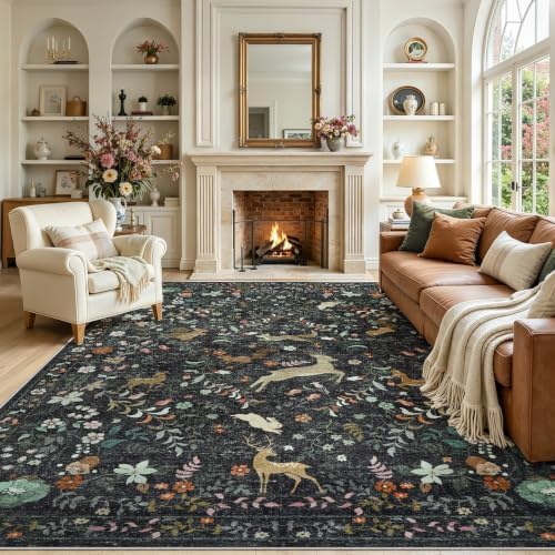 9x12 Area Rugs Boho Floral Washable Living Room Rug Neutral Carpet Bedroom by Yidanamy