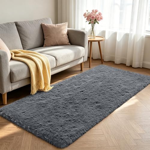 Shag Runner Rug for Bedroom Living Room 3x7 Upgrade Non-Slip Fluffy Soft Bedside Rugs,Grey Shaggy Gray Carpet for Livingroom Dorm Home Decor Aesthetic - Image 2