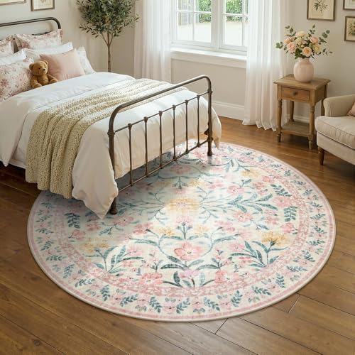 Lahome Pink 6ft Round Rug, Soft Circle Floral Rug for Tween Girls Bedroom by Lahome