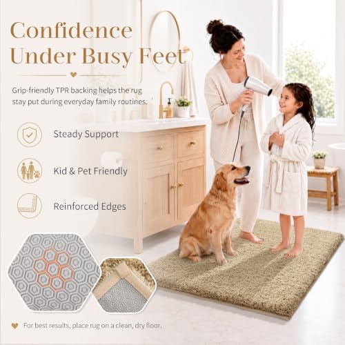 Yimobra Long Bathroom Rug 44x24, Non Slip Washable Fluffy Bath Mat, Beige - Image 5