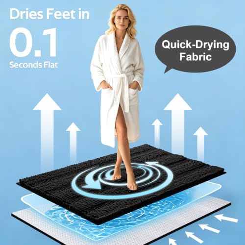 ACCUMTEK Striped Black Bathroom Rug Set 3 Pieces Ultra Soft, Non Slip Chenille Toilet Mat, Absorbent Plush Shaggy Bath Mats for Bathroom, Bedroom, Kitchen - Image 3