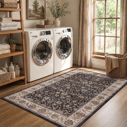 Washable 3x5 Entryway Non-Slip Area Rug Charcoal Beige Throw Carpet - Image 4