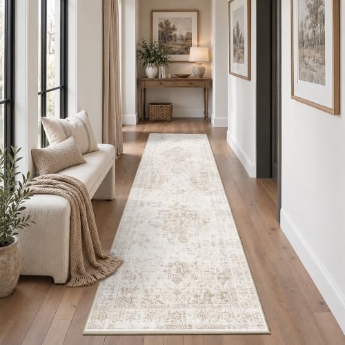 Washable 2.6x8 Kitchen Runner Rug Soft Medallion Neutral Beige Carpet - Image 4