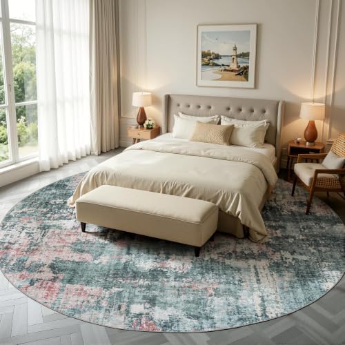 Sasttie 8ft Round Rug, Modern Abstract Large Circle Carpet, Pink & Green by SASTTIE
