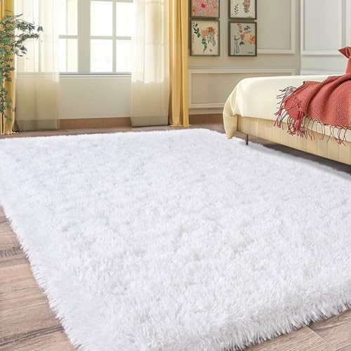 4x6 White Fluffy Rug for Bedroom Living Room Washable Non-Slip by WISHTREE