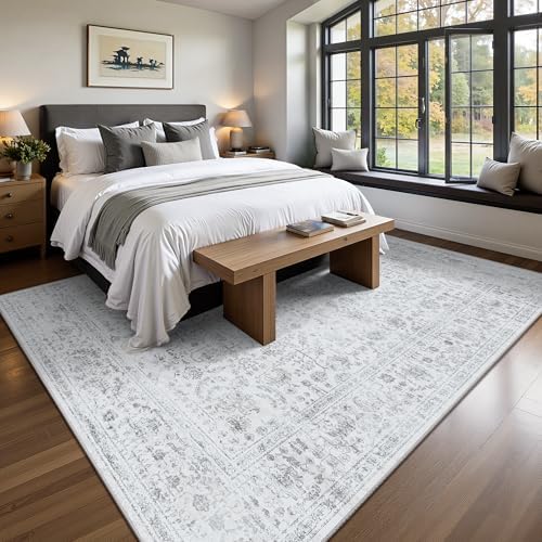 6x9 Area Rugs, Washable Vintage Retro Floral Rug for Living Room, Low Pile Non Slip Distressed Large Carpet for Bedroom, Dining Room, Office, Home (Grey) - Image 3
