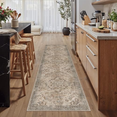 PureCozy Brown Runner Rug 2x8 Kitchen Vintage Floral Non-Slip Carpet - Image 2