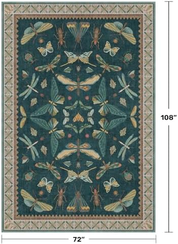 Hazo Haus Oriental Blue and Green Area Rugs for Living Room 6x9 - Insect & Butterfly Dining Table Rug, Bedroom Boys, Washable Non Skid Rubber Backed, Vintage Funky Home Décor - Image 2