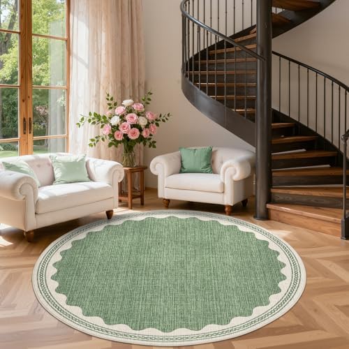 GarveeHome Scalloped Sage Green 4ft Round Rug Washable Non-Slip Soft Ultra-Thin Small Circle Modern Cottage Core Solid Carpet for Entryway Kitchen Bedroom Nursery Dining Room - Image 3