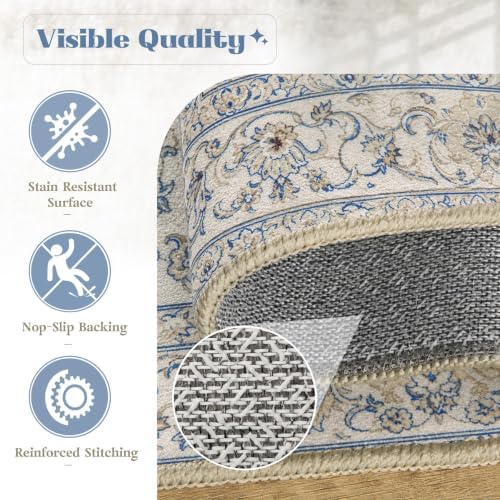 Area Rug 9x12 Washable Rug, Vintage Boho Medallion Rugs Non-Slip Soft Low Pile Large Distressed Rug Indoor Retro Carpet for Living Room Bedroom Dining Room Home Office (BeigeBlue, 9'x12') - Image 6