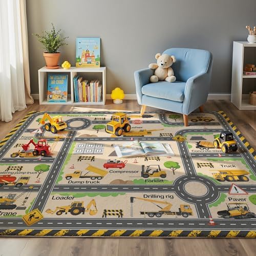 Kids Construction Playroom Rug, Faux Wool Excavator Map, Non-Slip, 4 x 6 ft by Nayoroom